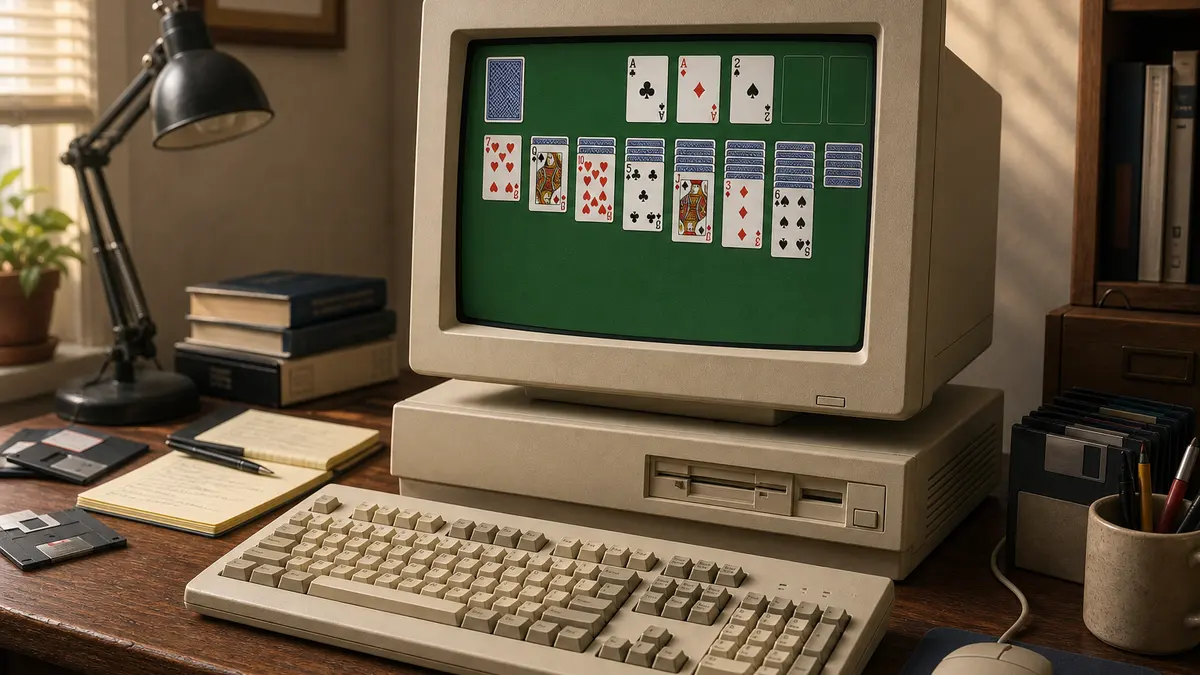 Настольный компьютер начала 1990-х с простой игрой в пасьянс на экране