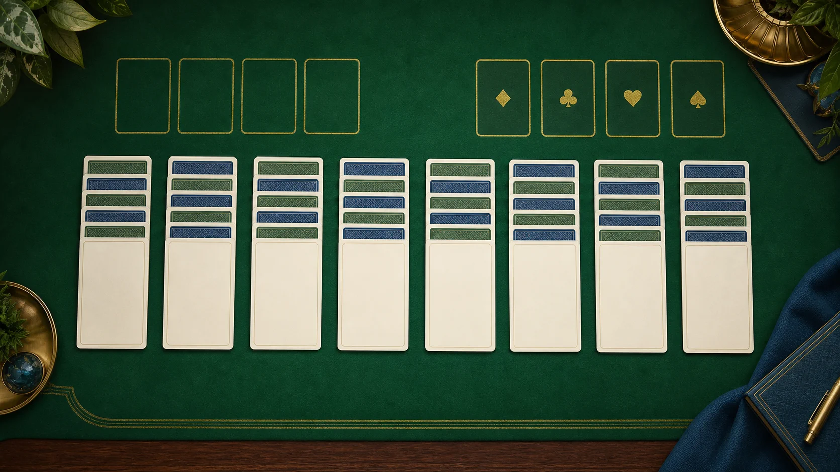 Original editorial illustration of four free cells, foundations and eight FreeCell columns