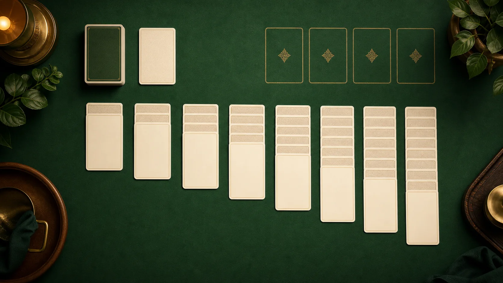 Original editorial illustration of a Klondike-style solitaire tableau on green felt