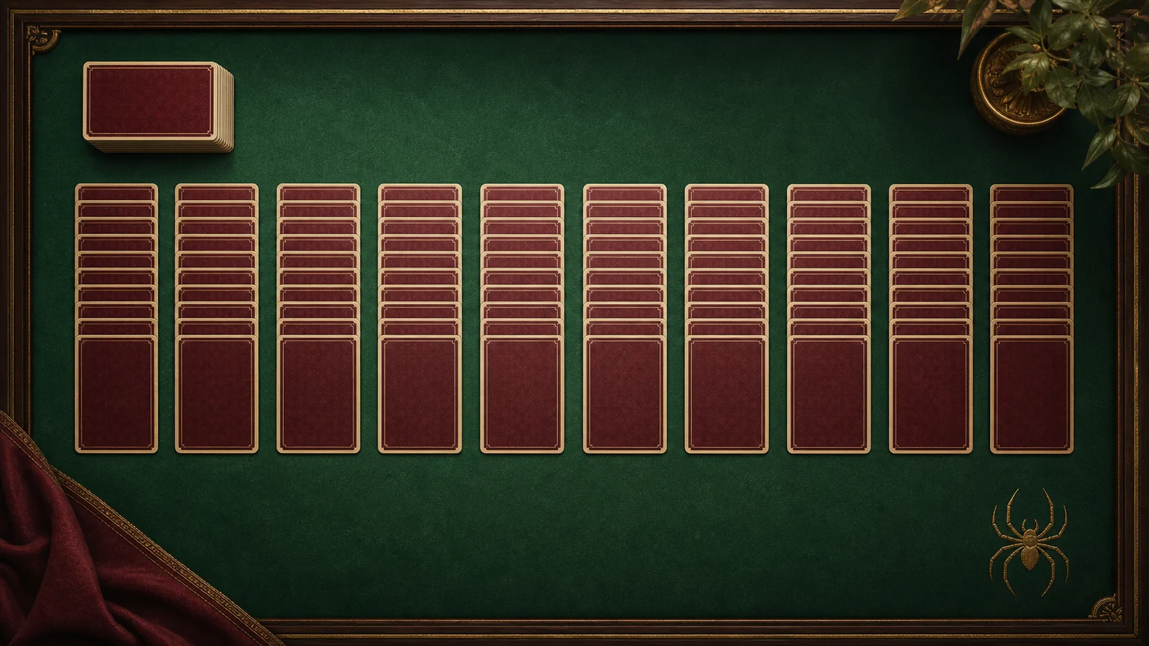 Original editorial illustration of a ten-column Spider Solitaire tableau on green felt