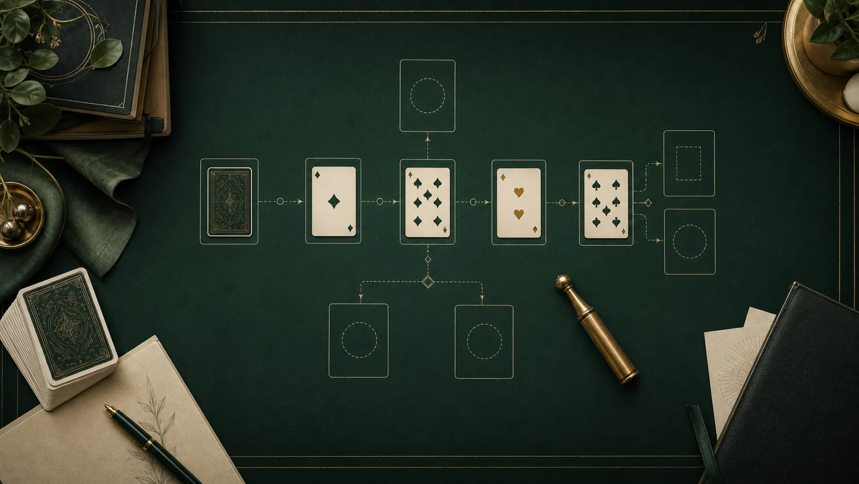 Original editorial illustration of a solitaire decision path on a green card table