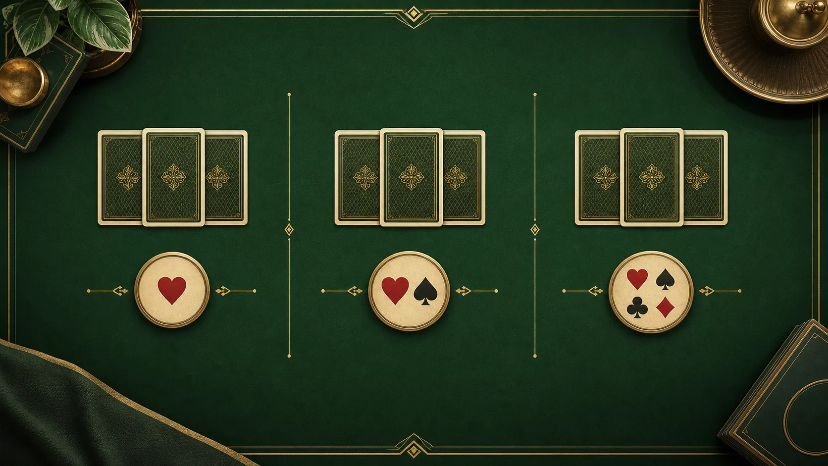 Original editorial illustration comparing solitaire suit variants on a green card table